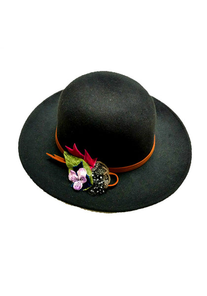Custom Design, Mid Brim Felt Hat with velvet and dotted floral trim