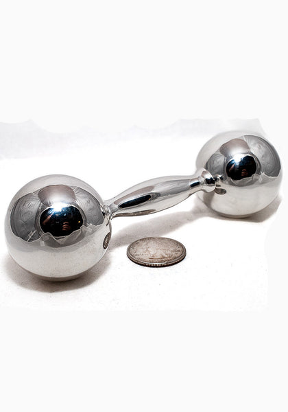 Silver Baby Rattle- Classic Barbell Shape