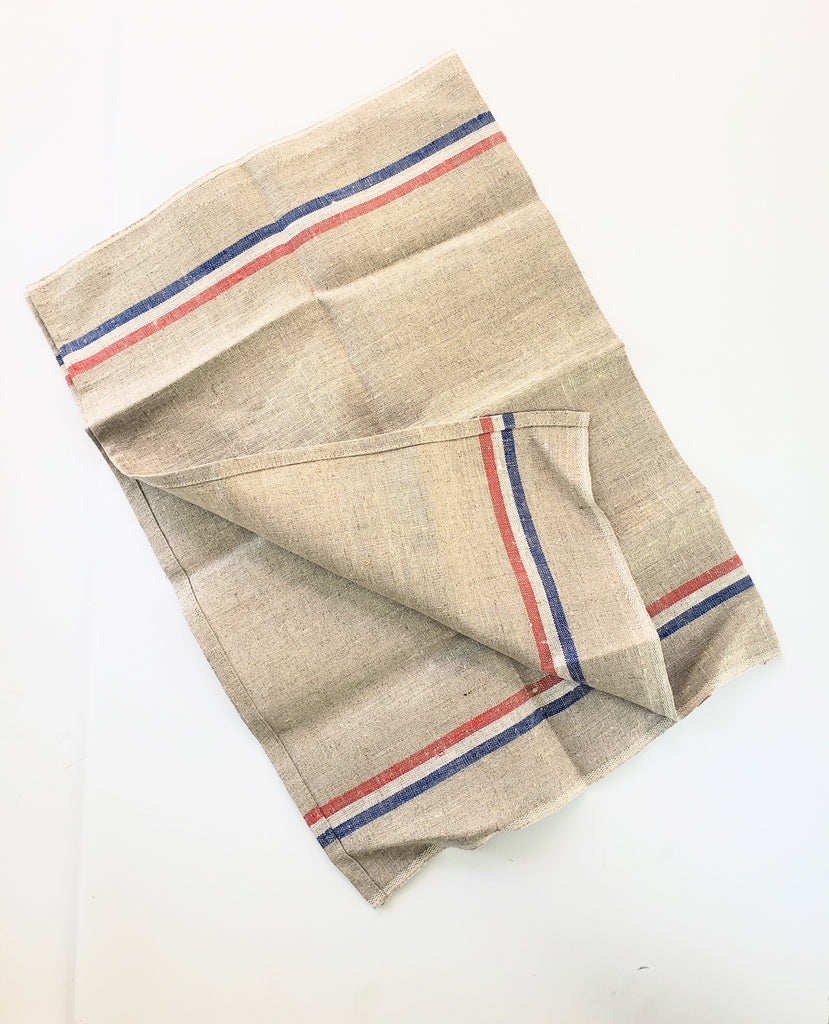 Rustic-Linen dish Towel with red white and blue stripe